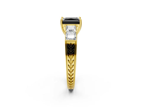 Yellow gold Fancy Black Princess Cut Solitaire Princess Side Stone Engraved Band Prong Setting Ring_2