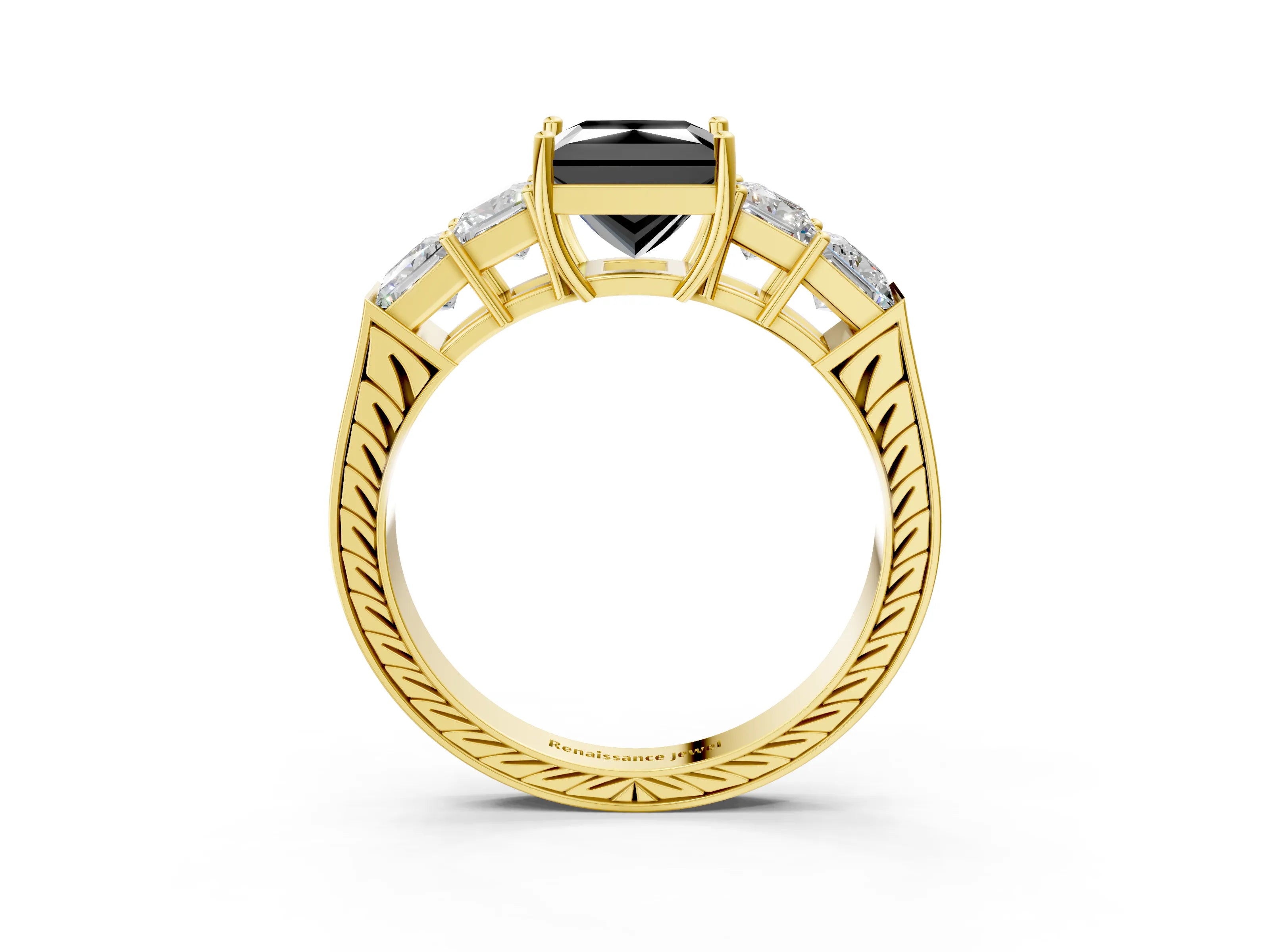 Yellow gold Fancy Black Princess Cut Solitaire Princess Side Stone Engraved Band Prong Setting Ring_3