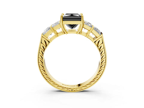 Yellow gold Fancy Black Princess Cut Solitaire Princess Side Stone Engraved Band Prong Setting Ring_3