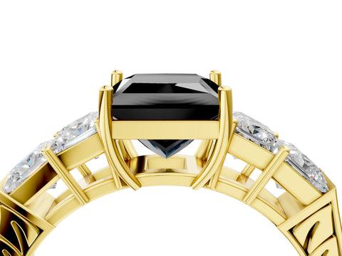 Yellow gold Fancy Black Princess Cut Solitaire Princess Side Stone Engraved Band Prong Setting Ring_4