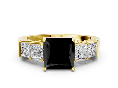 Yellow gold Fancy Black Princess Cut Solitaire Princess Side Stone Engraved Band Prong Setting Ring