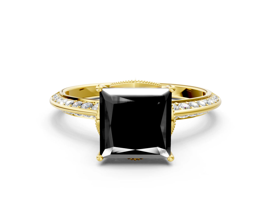 Yellow gold Fancy Black Princess Cut Solitaire Split Shank Pave Diamond Engagement Ring with Four-Prong Setting_36