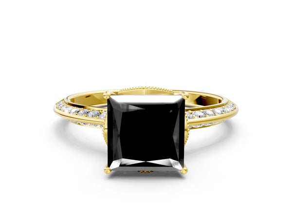 Yellow Gold Princess Cut Graduated Pave Engagement Ring Setting for Black Center