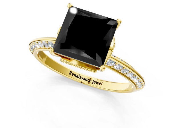 Yellow Gold Princess Cut Graduated Pave Engagement Ring Setting for Black Center