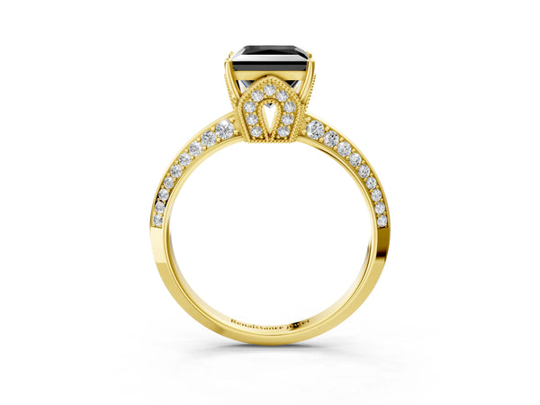 Yellow Gold Princess Cut Graduated Pave Engagement Ring Setting for Black Center