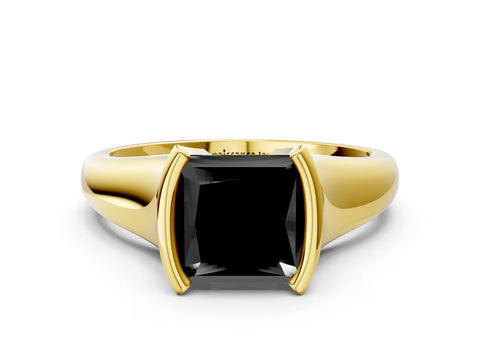 Yellow gold Fancy Black Princess Cut Solitaire Tension Set Diamond Ring with Split Shank Band
