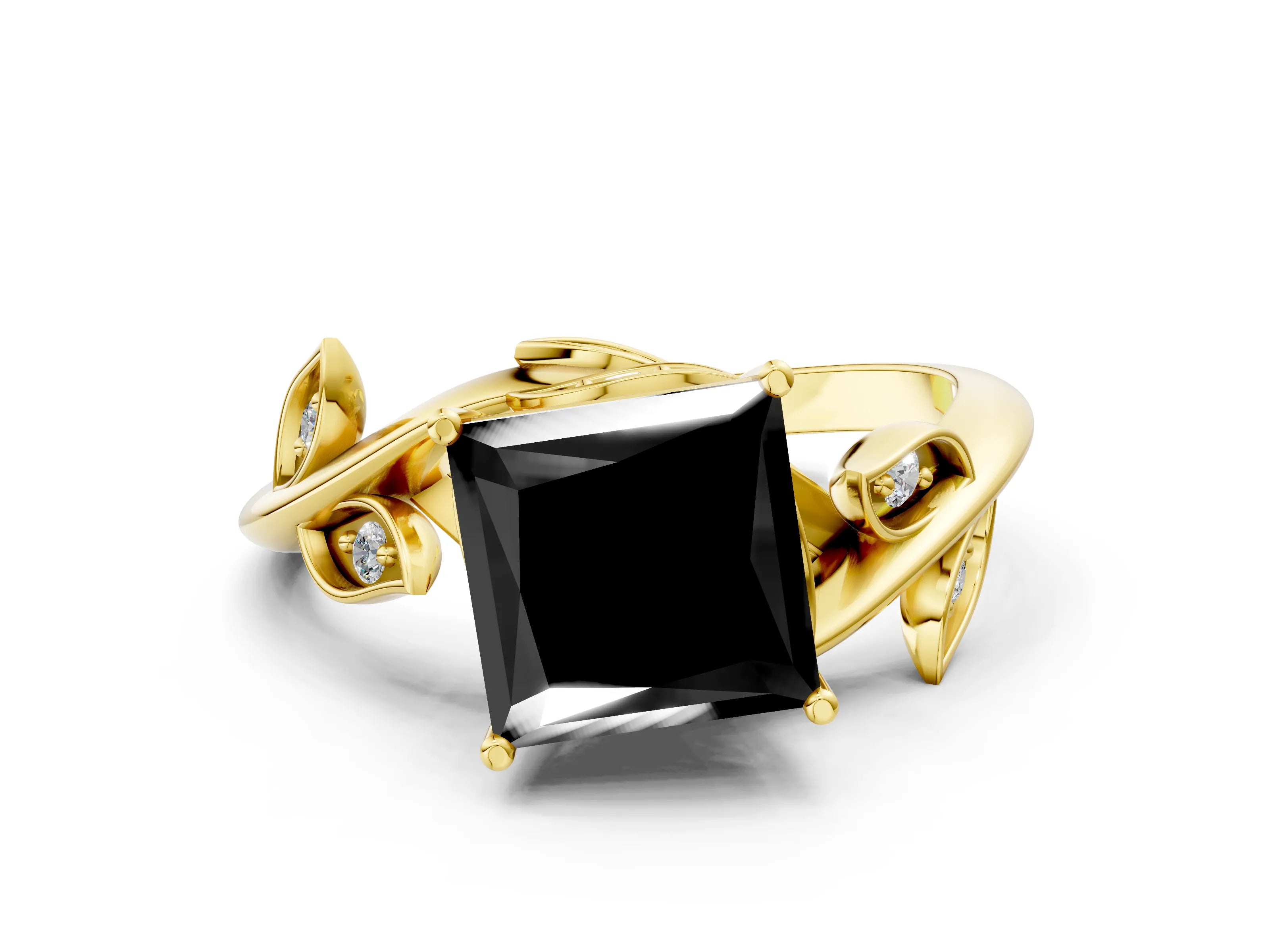 Yellow gold Fancy Black Princess Cut Solitaire Twist Engagement Ring with Leaf Accents and Prong Setting_13