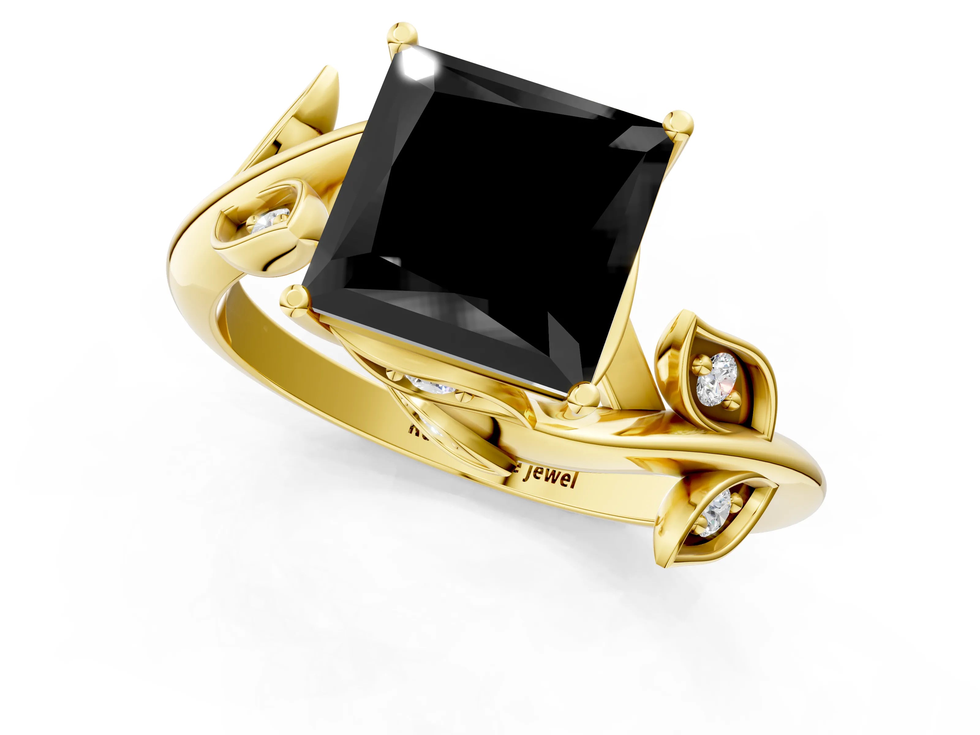 Yellow gold Fancy Black Princess Cut Solitaire Twist Engagement Ring with Leaf Accents and Prong Setting_14