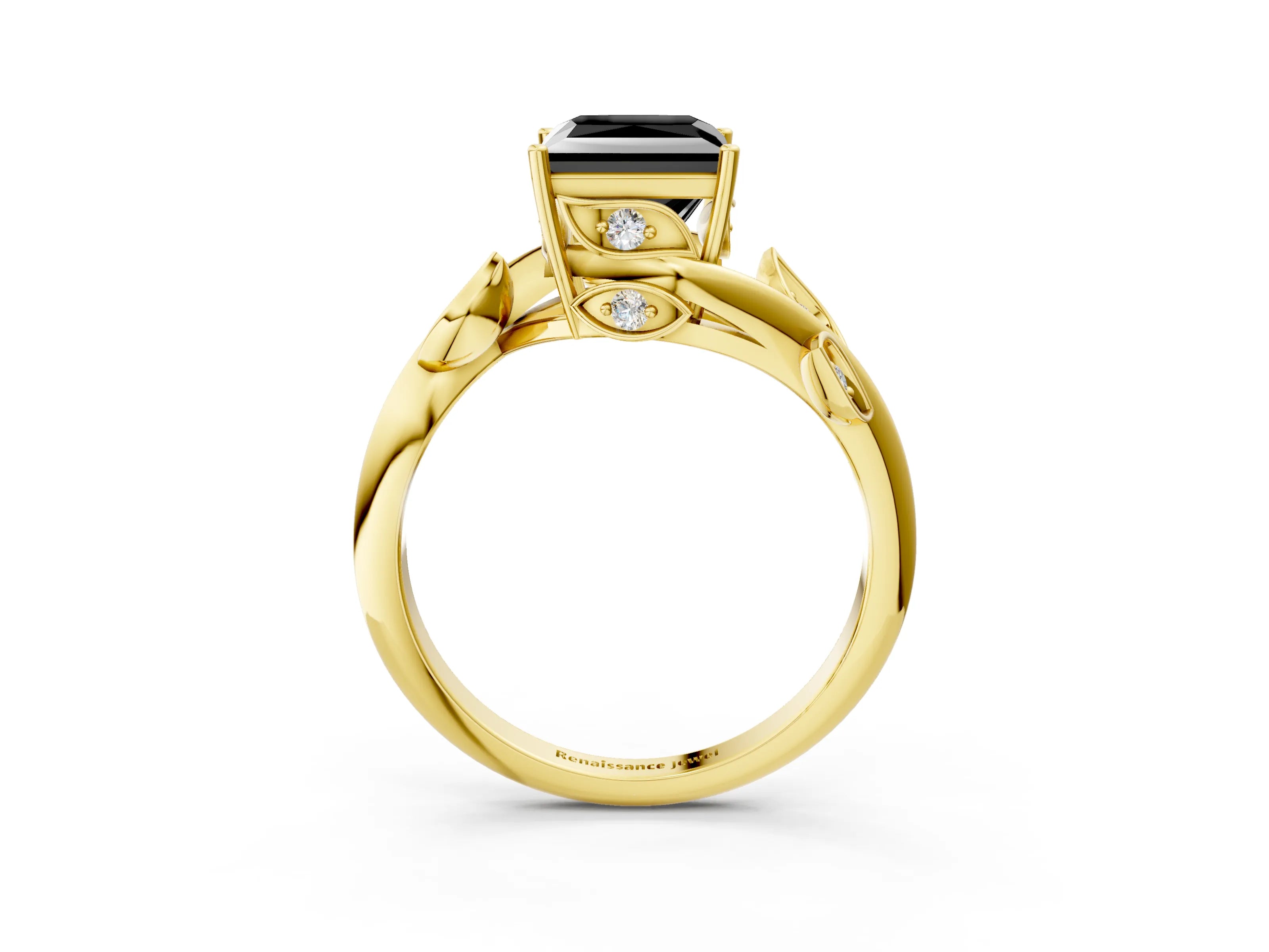 Yellow gold Fancy Black Princess Cut Solitaire Twist Engagement Ring with Leaf Accents and Prong Setting_16