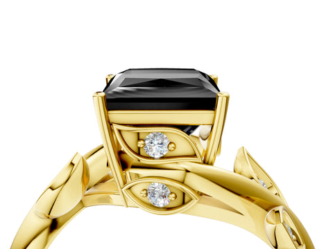 Yellow gold Fancy Black Princess Cut Solitaire Twist Engagement Ring with Leaf Accents and Prong Setting_17