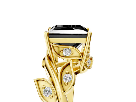 Yellow gold Fancy Black Princess Cut Solitaire Twist Engagement Ring with Leaf Accents and Prong Setting_18