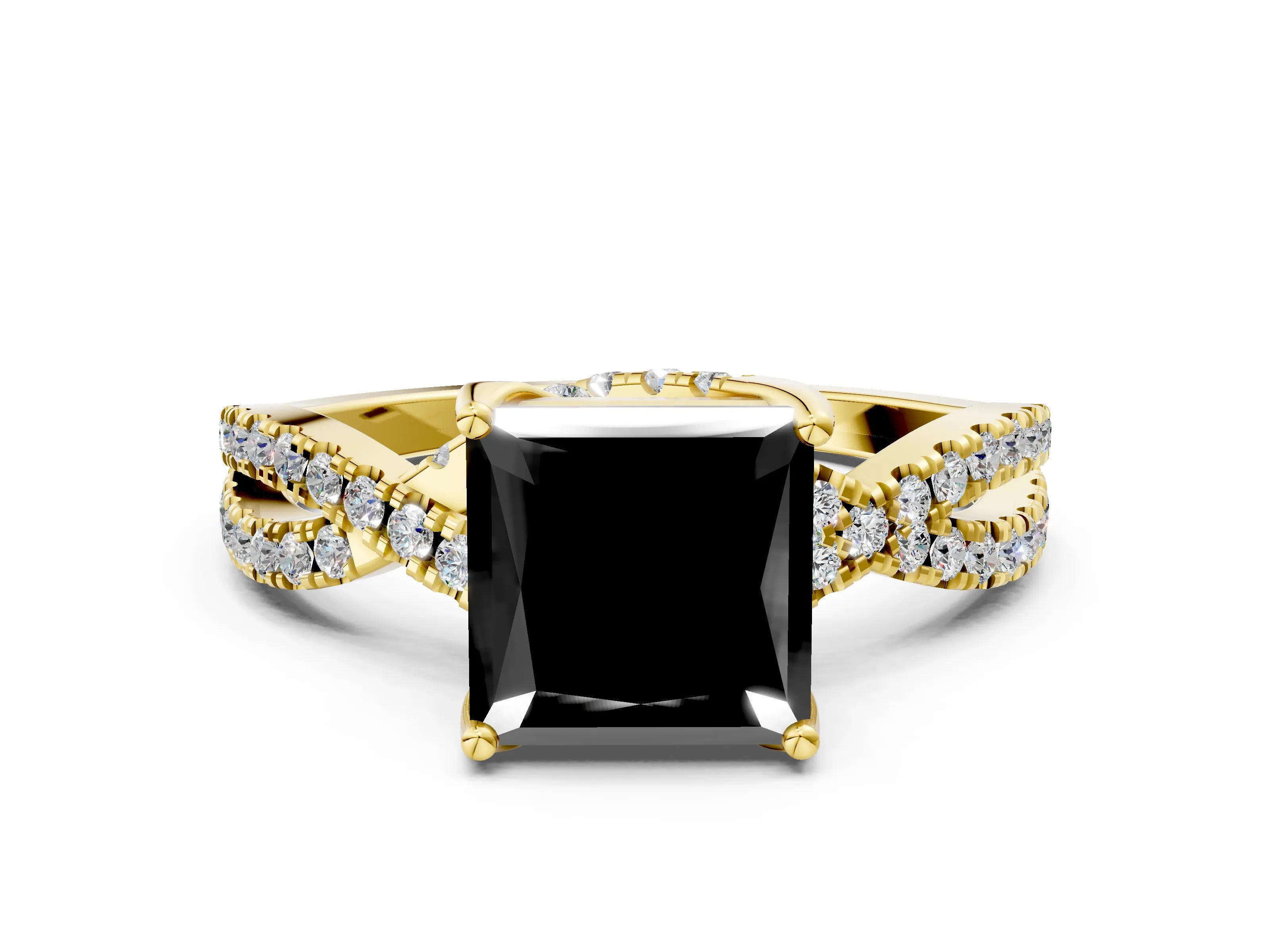 Yellow gold Fancy Black Princess Cut Solitaire Twist Pave Diamond Engagement Ring with Prong Setting