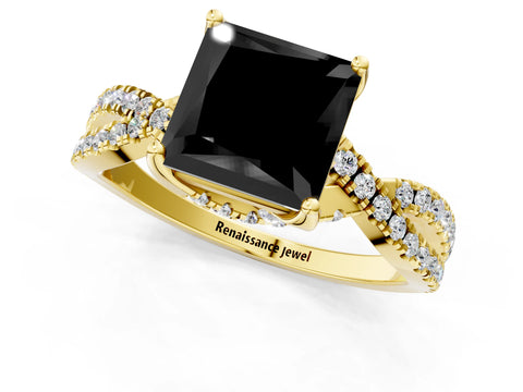 Yellow gold Fancy Black Princess Cut Solitaire Twist Pave Diamond Engagement Ring with Prong Setting_1
