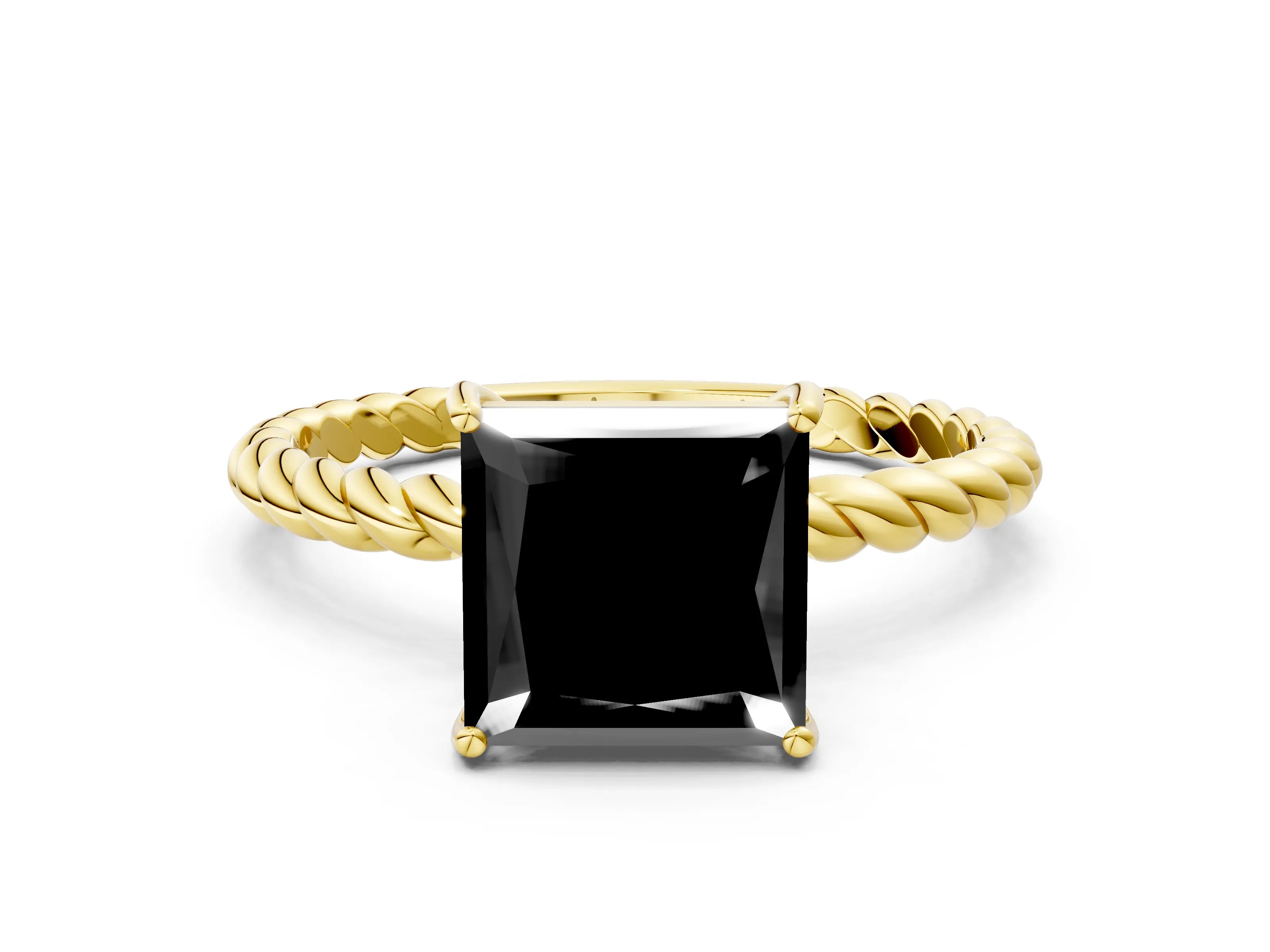 Yellow gold Fancy Black Princess Cut Solitaire Twisted Band 4-Prong Ring