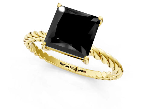 Yellow gold Fancy Black Princess Cut Solitaire Twisted Band 4-Prong Ring_1