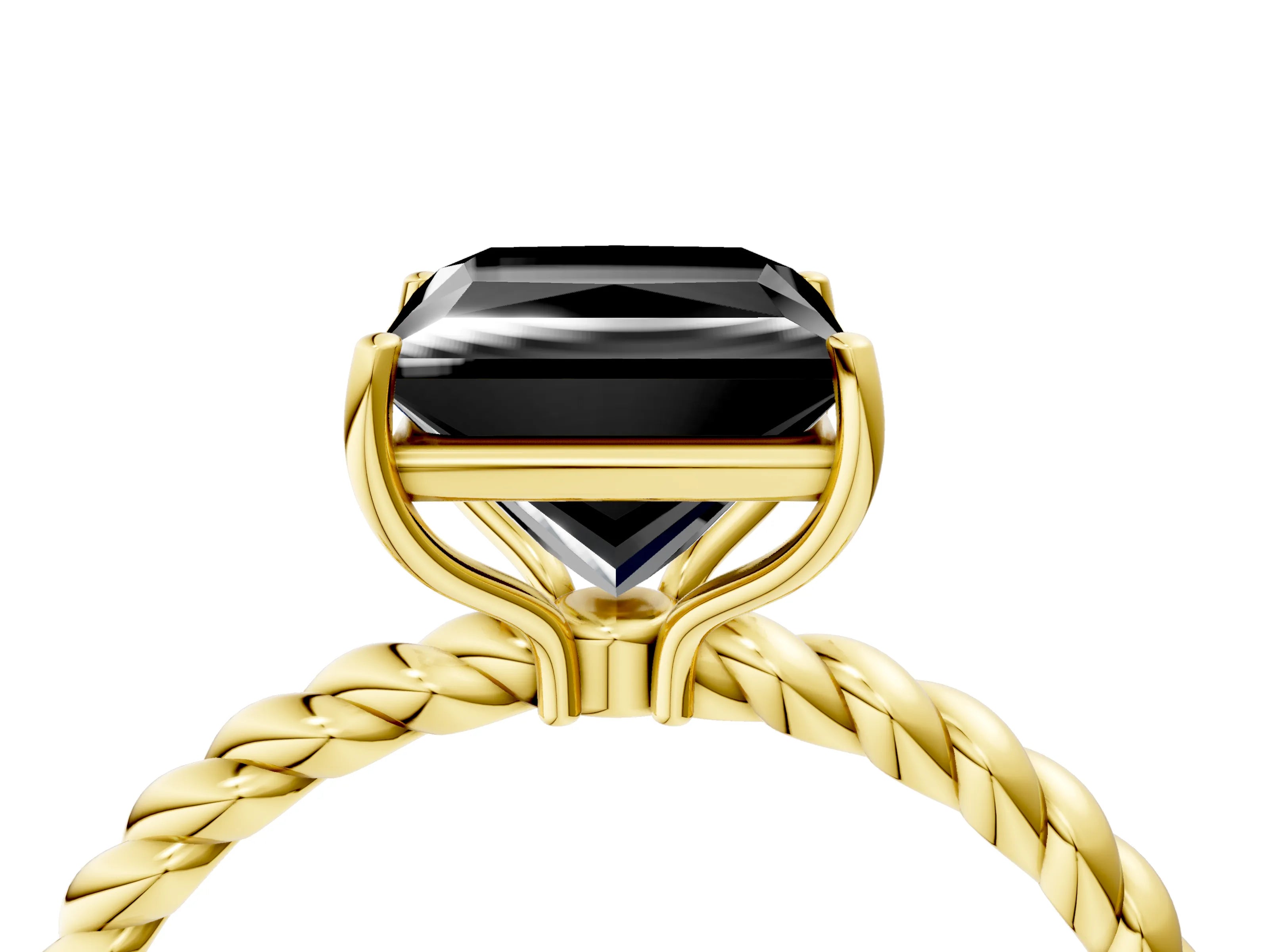 Yellow gold Fancy Black Princess Cut Solitaire Twisted Band 4-Prong Ring_4