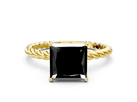 Yellow gold Fancy Black Princess Cut Solitaire Twisted Band 4-Prong Ring