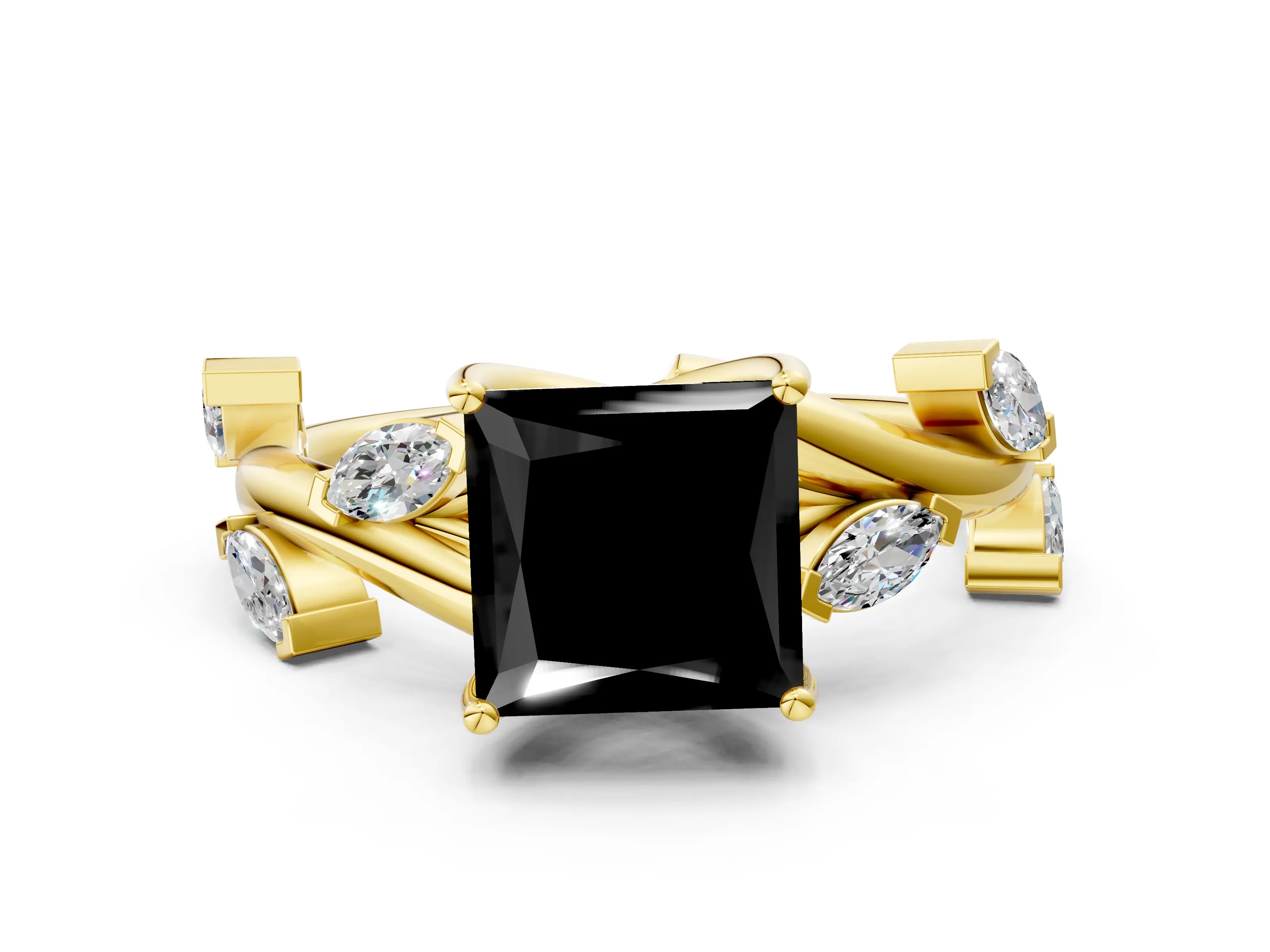 Yellow gold Fancy Black Princess Cut Solitaire Twisted Band Marquise Accent Prong Setting Ring
