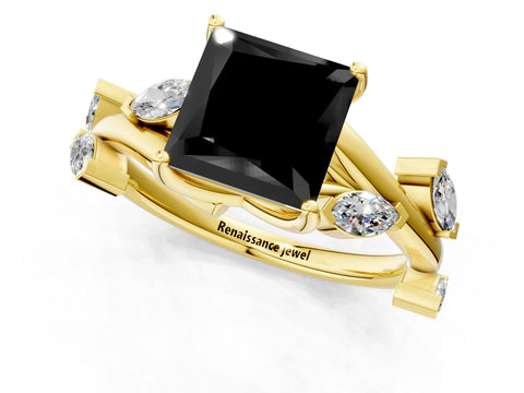 Yellow gold Fancy Black Princess Cut Solitaire Twisted Band Marquise Accent Prong Setting Ring_1