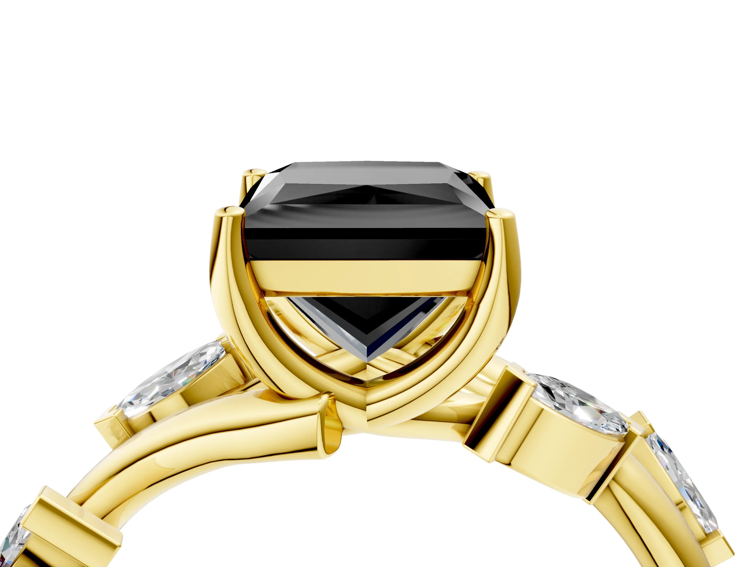 Yellow gold Fancy Black Princess Cut Solitaire Twisted Band Marquise Accent Prong Setting Ring_4