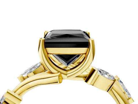 Yellow gold Fancy Black Princess Cut Solitaire Twisted Band Marquise Accent Prong Setting Ring_4