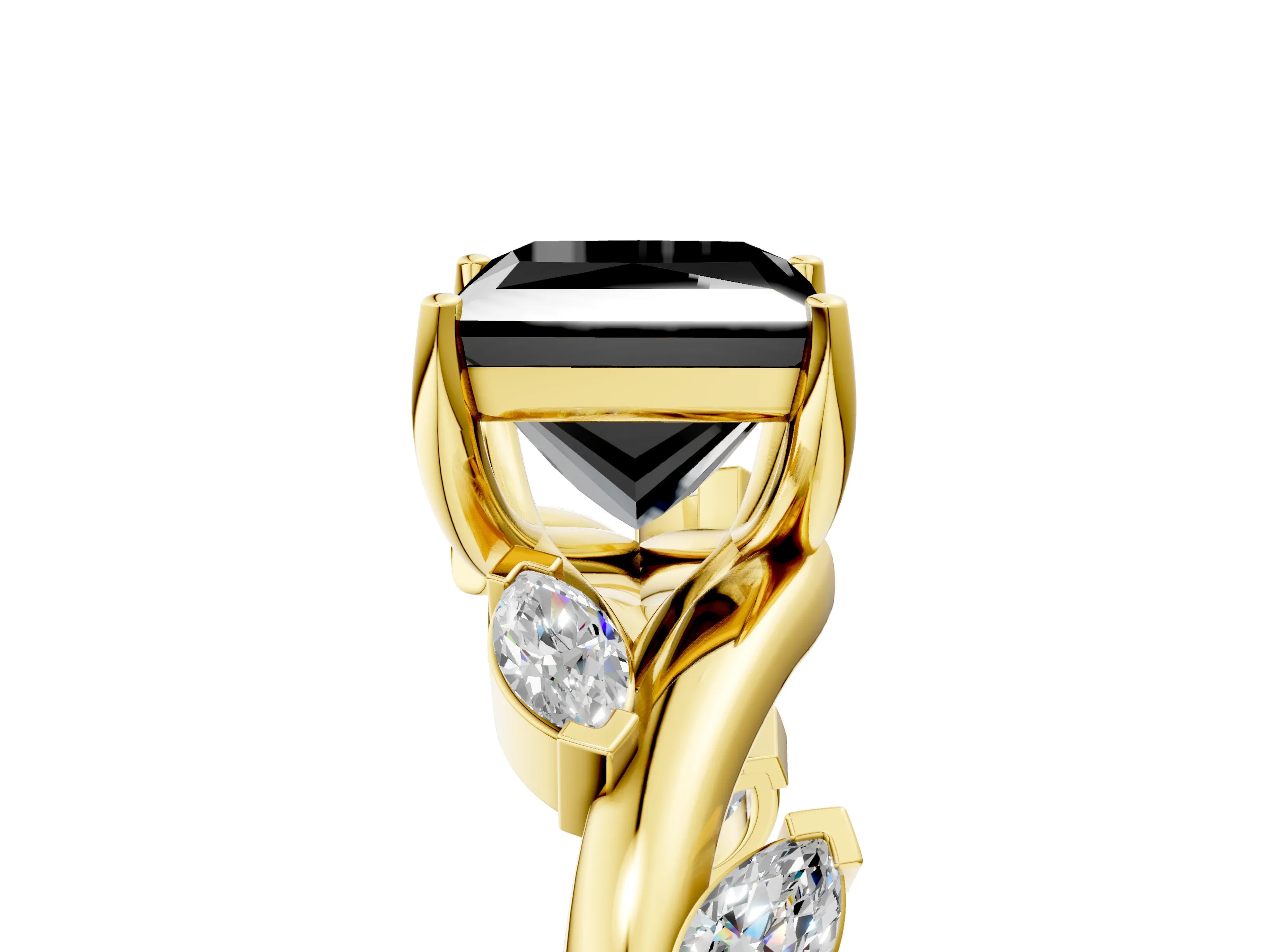 Yellow gold Fancy Black Princess Cut Solitaire Twisted Band Marquise Accent Prong Setting Ring_5