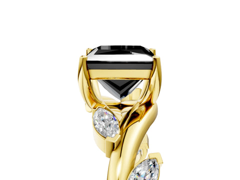 Yellow gold Fancy Black Princess Cut Solitaire Twisted Band Marquise Accent Prong Setting Ring_5