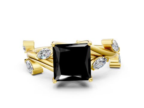 Yellow gold Fancy Black Princess Cut Solitaire Twisted Band Marquise Accent Prong Setting Ring