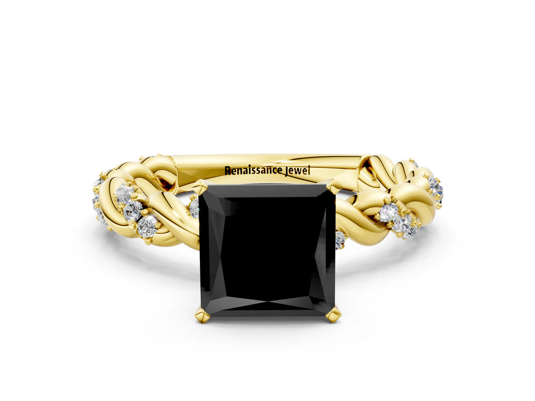 Yellow gold Fancy Black Princess Cut Solitaire Twisted Band with Pavé Accents and Four-Prong Setting