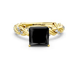 Yellow gold Fancy Black Princess Cut Solitaire Twisted Band with Pavé Accents and Four-Prong Setting