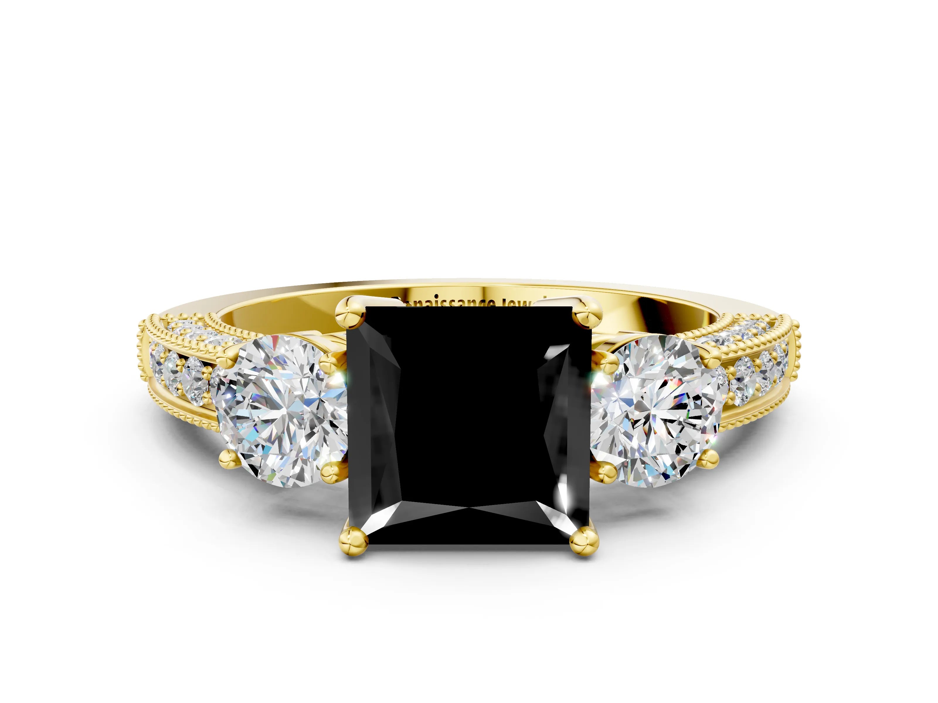 Yellow gold Fancy Black Princess Cut Three-Stone Diamond Ring with Pavé Band and Four-Prong Setting