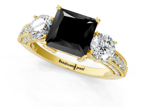 Yellow gold Fancy Black Princess Cut Three-Stone Diamond Ring with Pavé Band and Four-Prong Setting_1