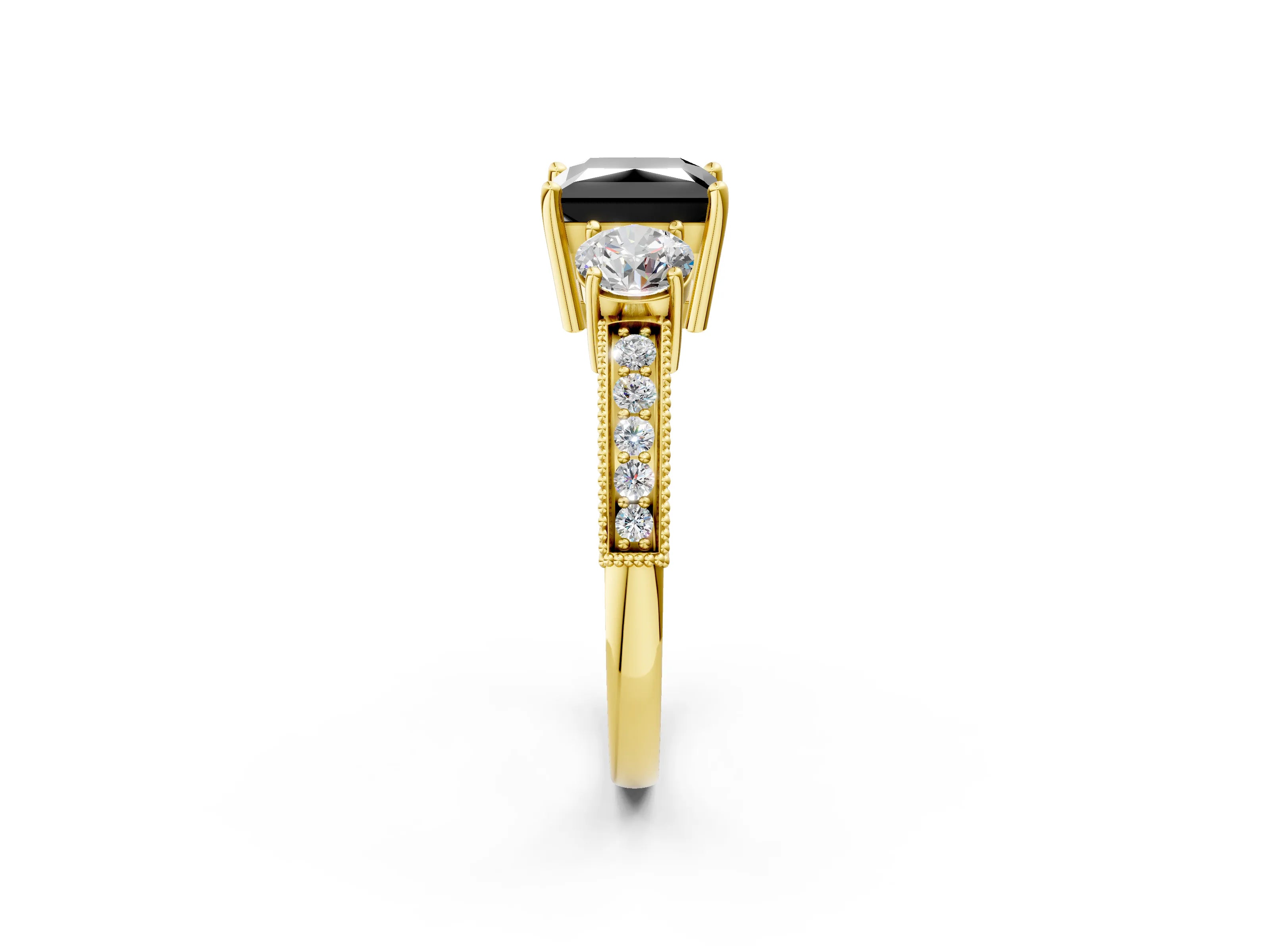 Yellow gold Fancy Black Princess Cut Three-Stone Diamond Ring with Pavé Band and Four-Prong Setting_2