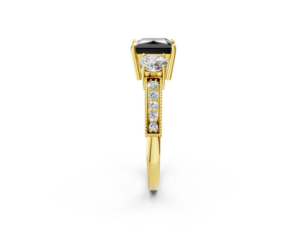 Yellow Gold Princess Cut Graduated Three Stone Engagement Ring Setting for Black Center