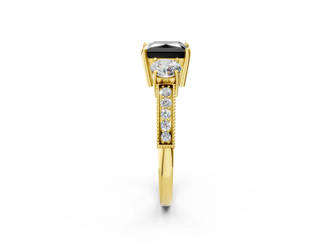 Yellow gold Fancy Black Princess Cut Three-Stone Diamond Ring with Pavé Band and Four-Prong Setting_2