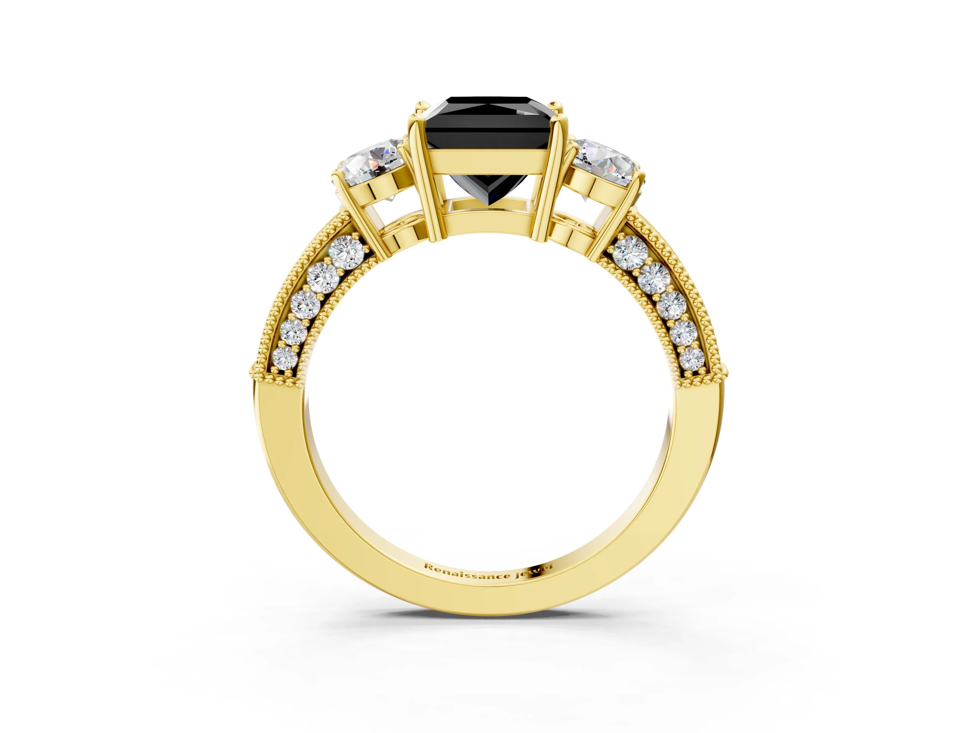 Yellow gold Fancy Black Princess Cut Three-Stone Diamond Ring with Pavé Band and Four-Prong Setting_3