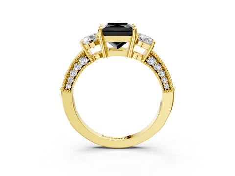 Yellow gold Fancy Black Princess Cut Three-Stone Diamond Ring with Pavé Band and Four-Prong Setting_3