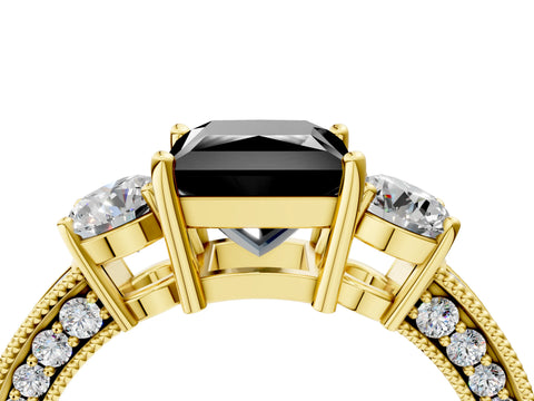 Yellow gold Fancy Black Princess Cut Three-Stone Diamond Ring with Pavé Band and Four-Prong Setting_4