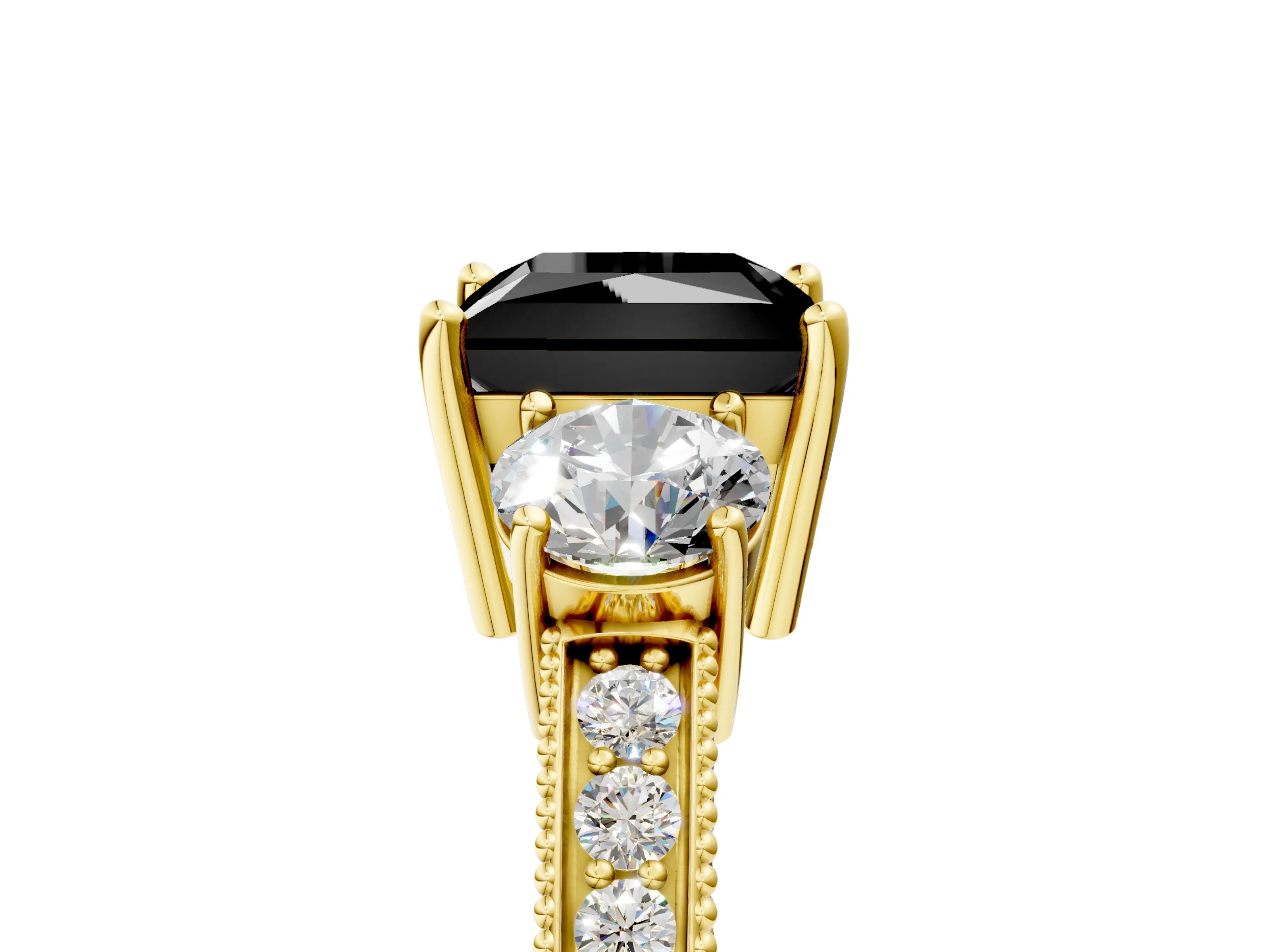Yellow gold Fancy Black Princess Cut Three-Stone Diamond Ring with Pavé Band and Four-Prong Setting_5