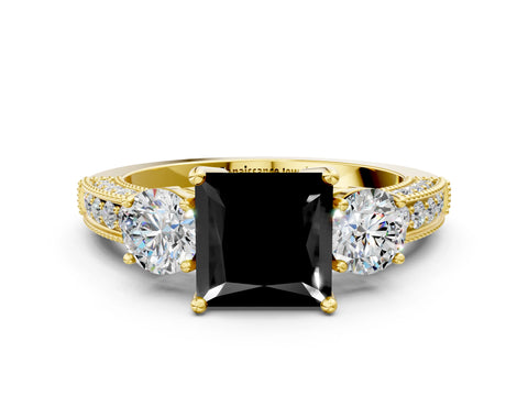 Yellow gold Fancy Black Princess Cut Three-Stone Diamond Ring with Pavé Band and Four-Prong Setting