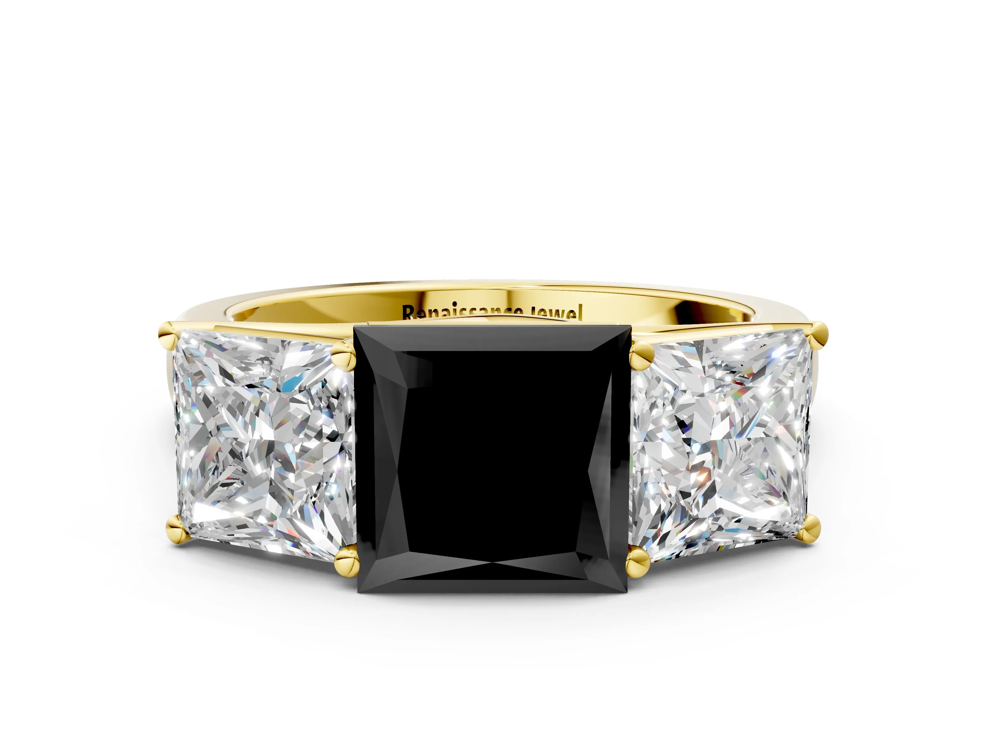 Yellow gold Fancy Black Princess Cut Three-Stone Diamond Ring with Prong Setting on a Classic Band