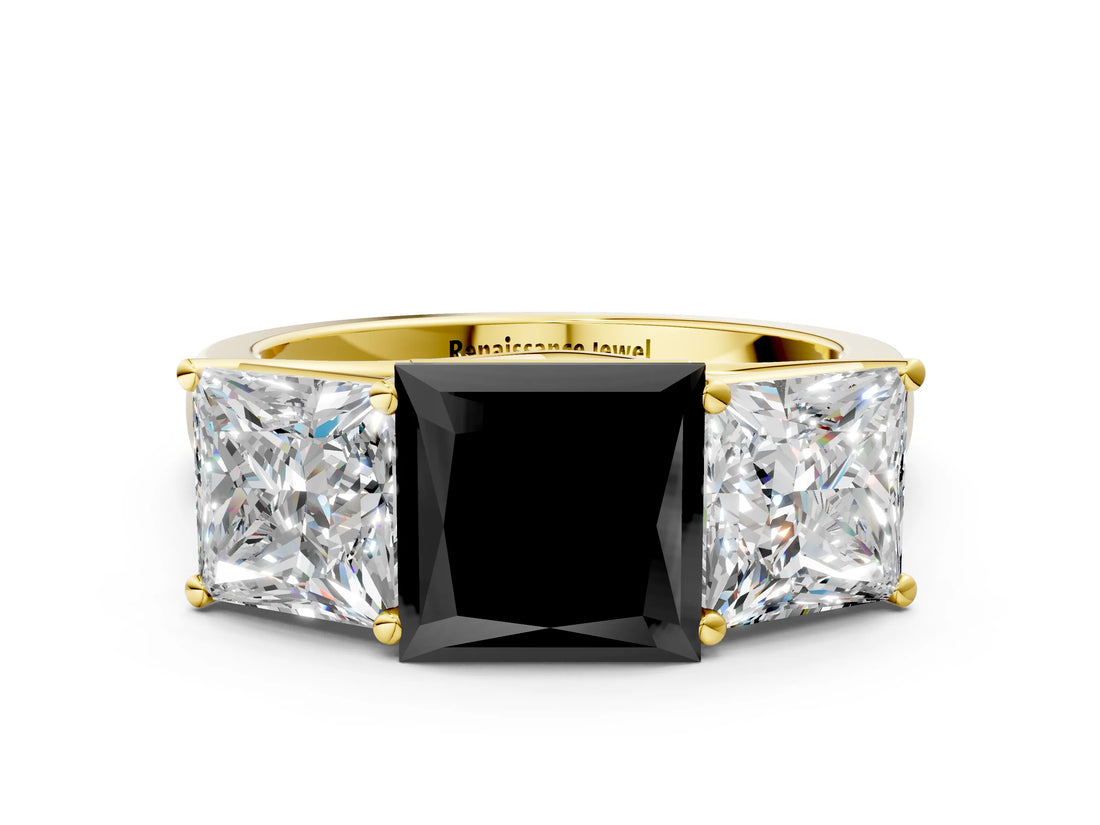 Yellow gold Fancy Black Princess Cut Three-Stone Diamond Ring with Prong Setting on a Classic Band_12