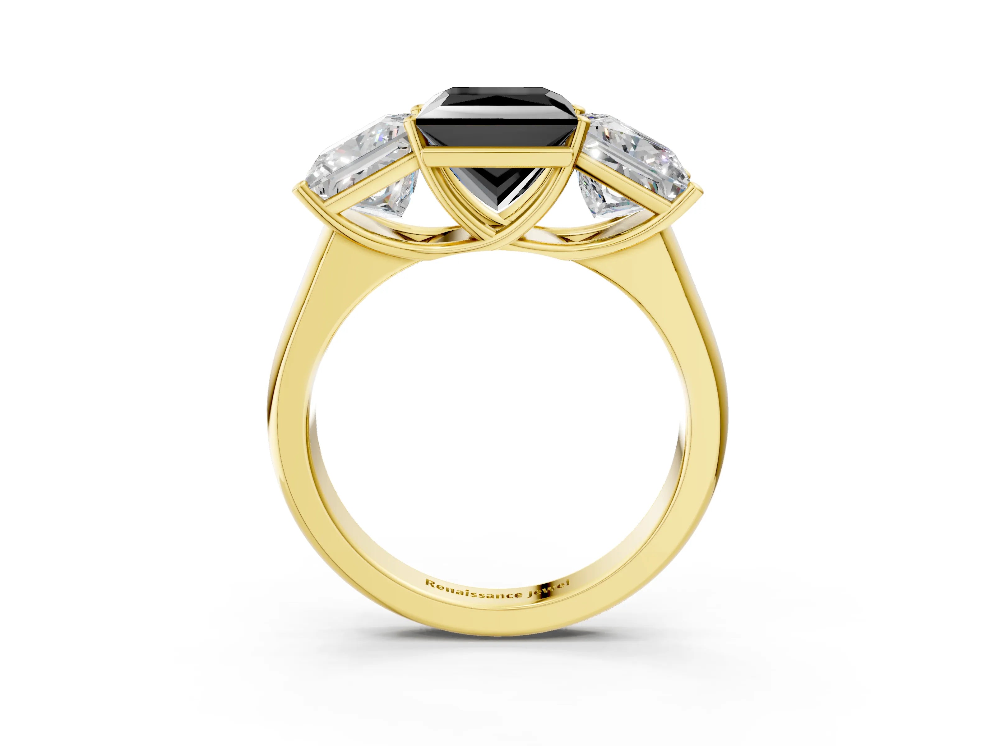 Yellow gold Fancy Black Princess Cut Three-Stone Diamond Ring with Prong Setting on a Classic Band_3