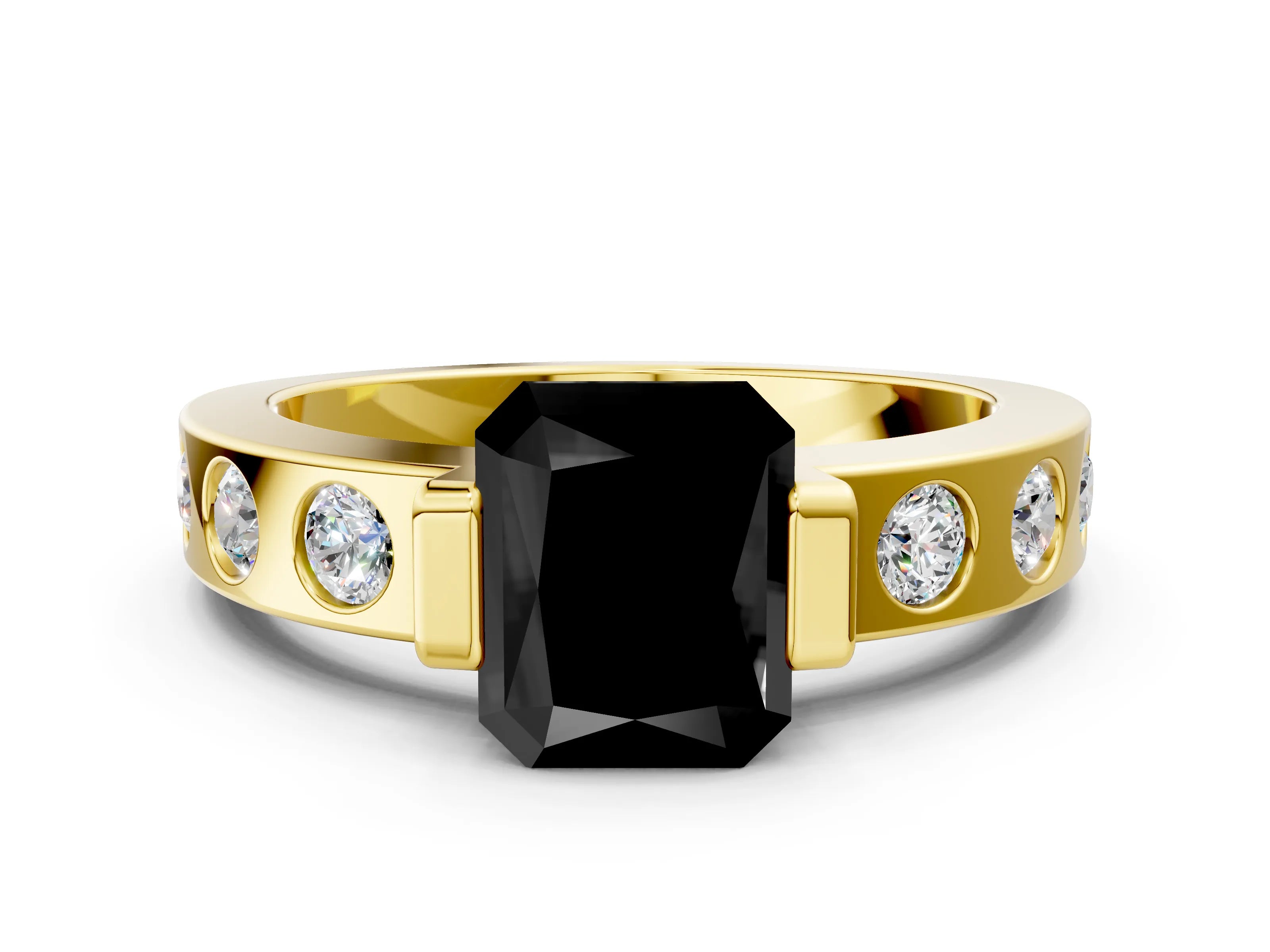 Yellow gold Fancy Black Radiant Cut Brilliant Channel-Set Diamond Ring with Bezel Prong Setting