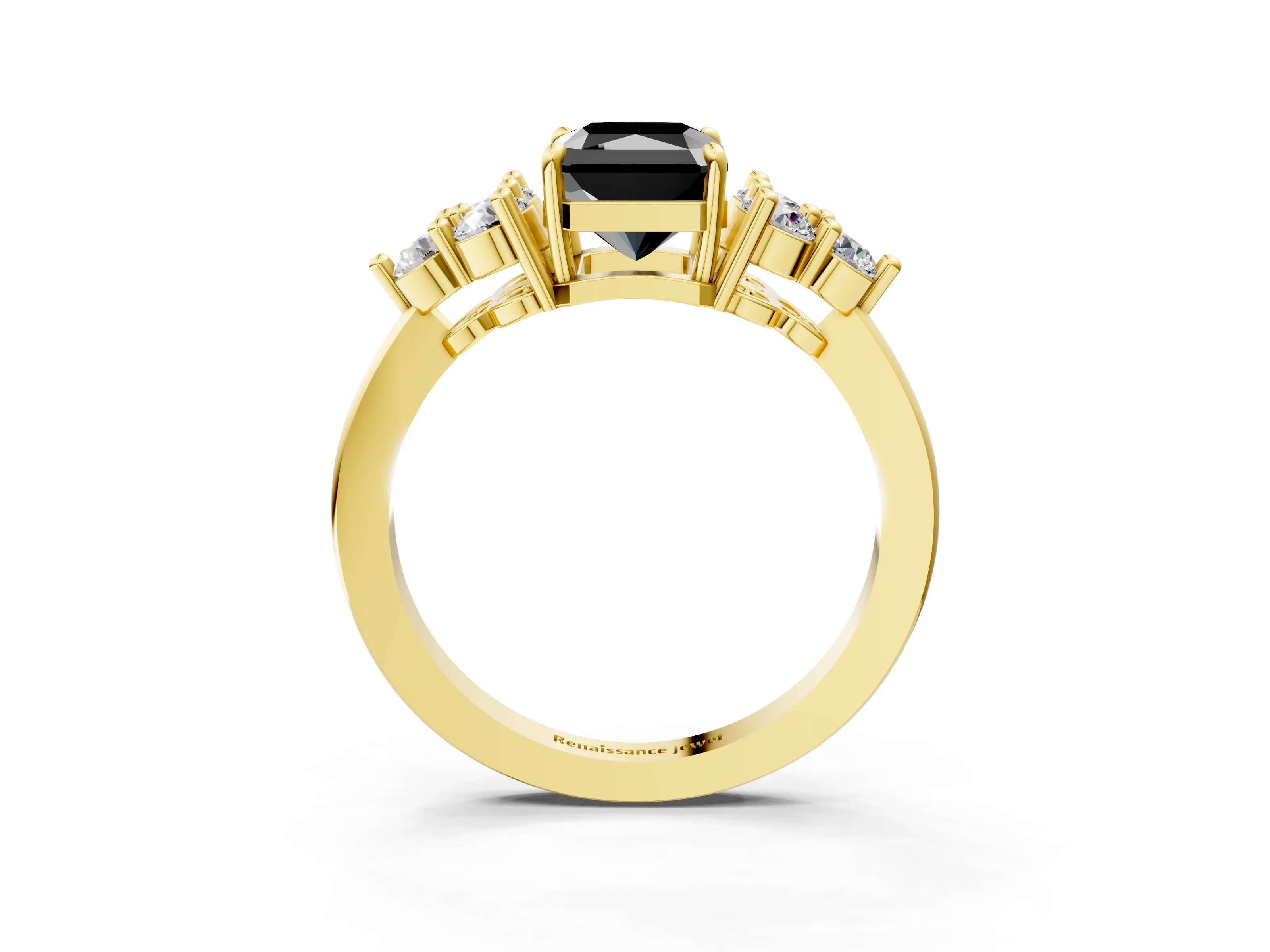 Yellow gold Fancy Black Radiant Cut Brilliant Diamond Cluster Accent Solitaire Ring with Prong Setting_3