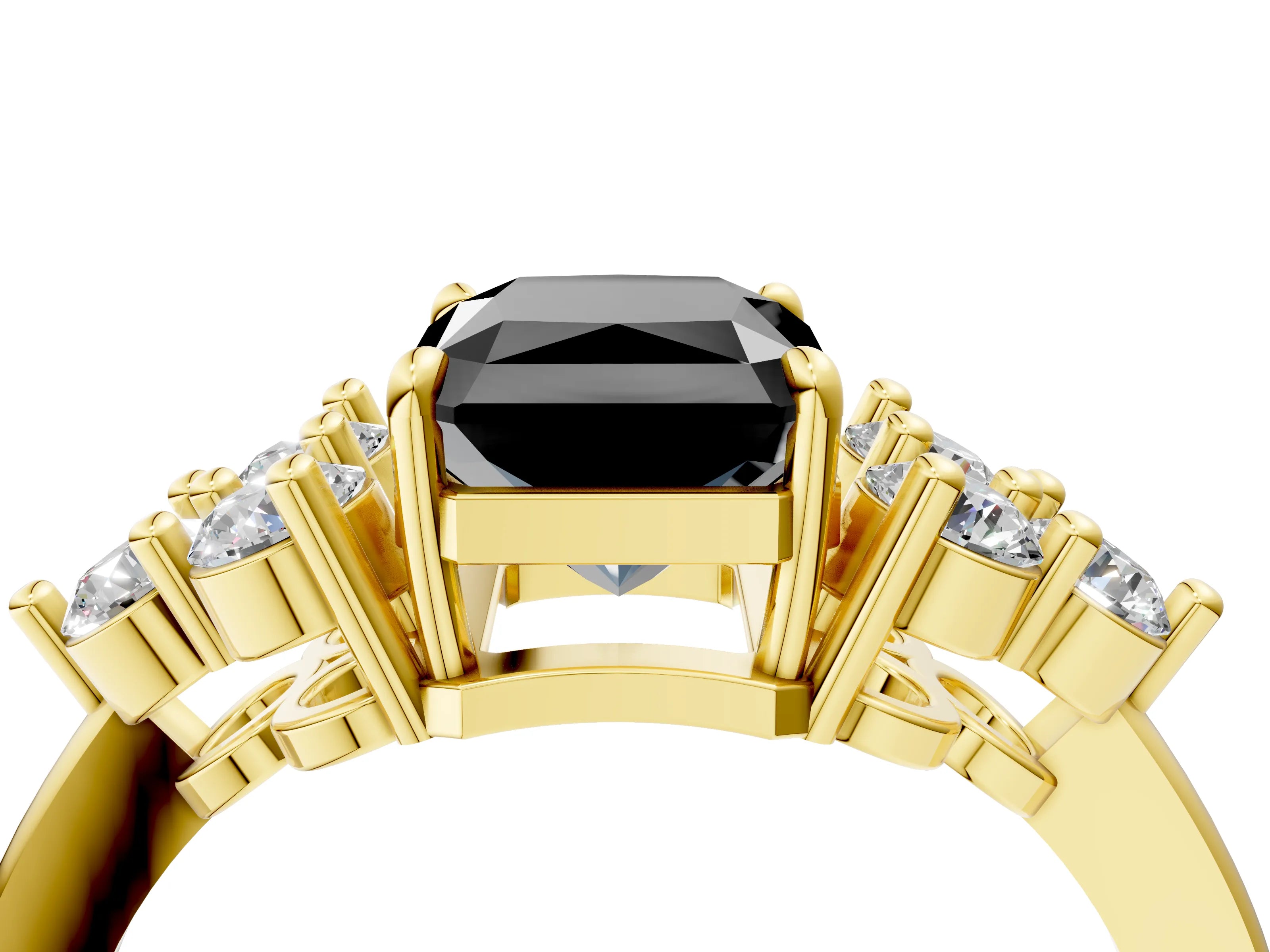 Yellow gold Fancy Black Radiant Cut Brilliant Diamond Cluster Accent Solitaire Ring with Prong Setting_4