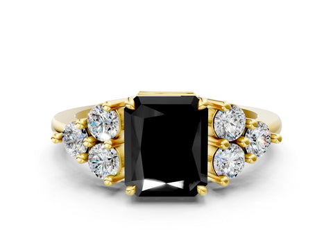 Yellow gold Fancy Black Radiant Cut Brilliant Diamond Cluster Accent Solitaire Ring with Prong Setting