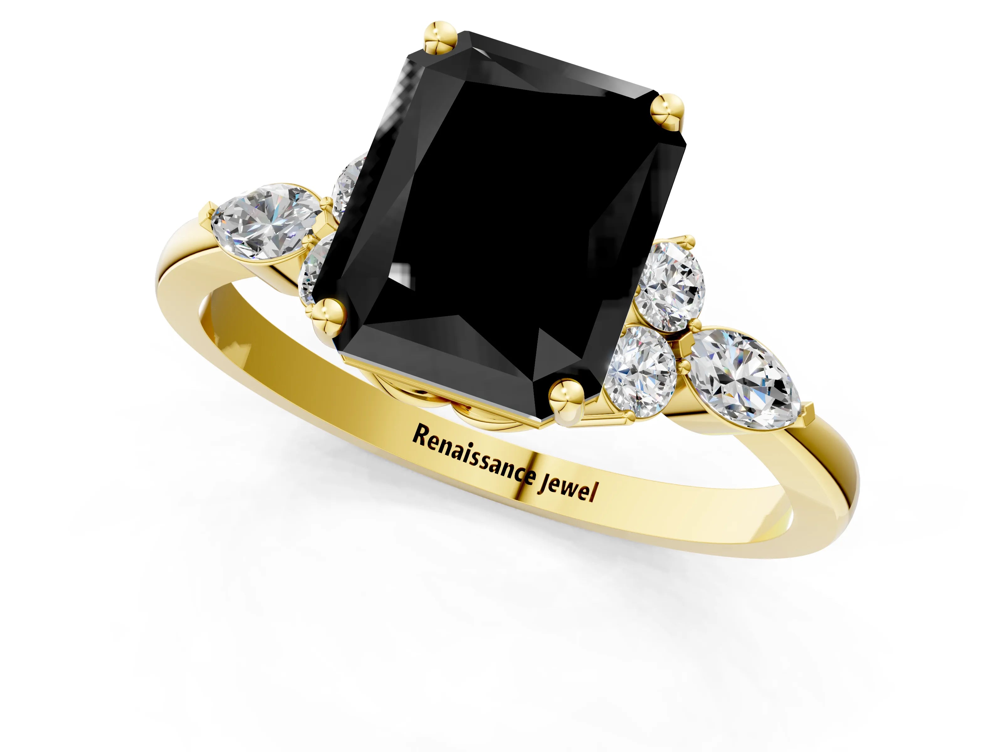 Yellow gold Fancy Black Radiant Cut Brilliant Diamond Solitaire Ring with Pear Side Stones and Four-Prong Setting_4