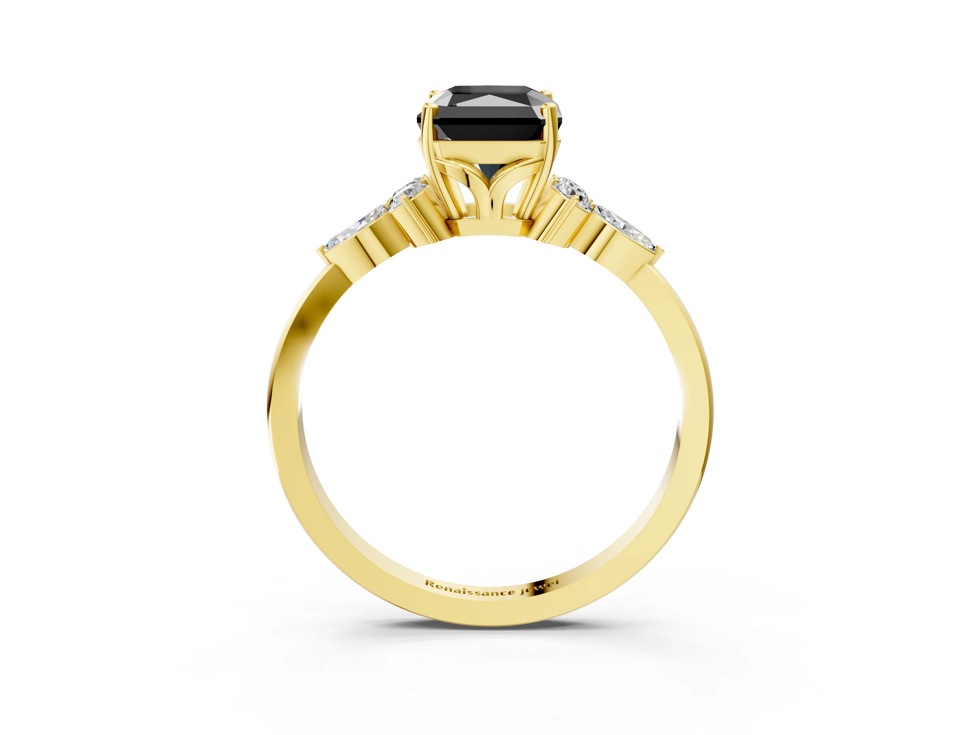 Yellow gold Fancy Black Radiant Cut Brilliant Diamond Solitaire Ring with Pear Side Stones and Four-Prong Setting_6