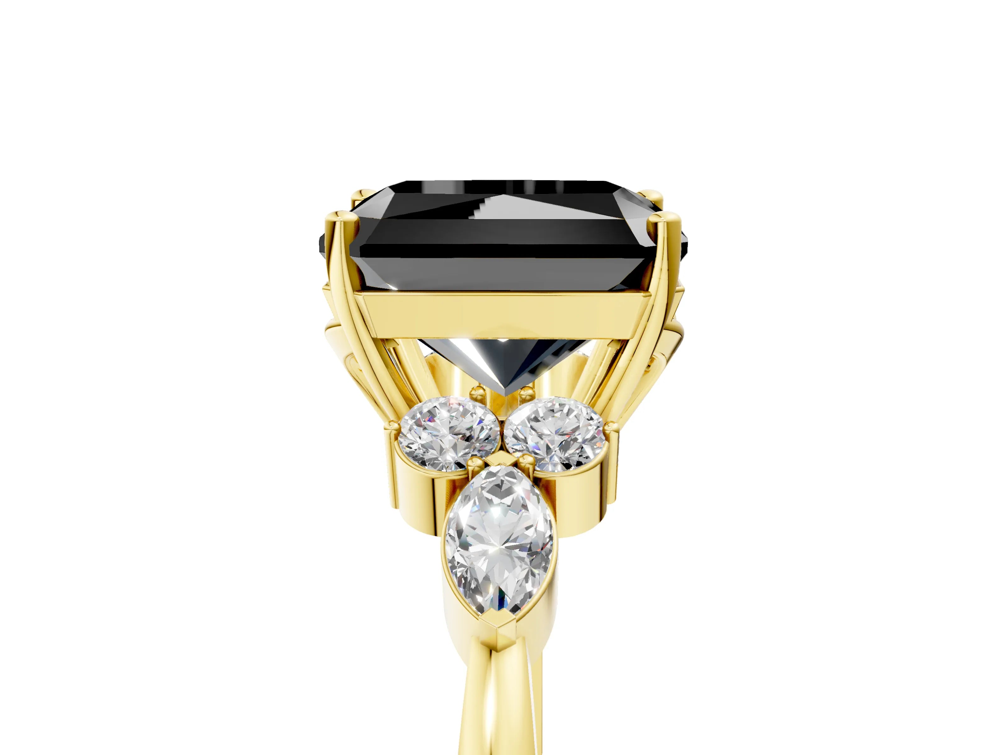 Yellow gold Fancy Black Radiant Cut Brilliant Diamond Solitaire Ring with Pear Side Stones and Four-Prong Setting_8